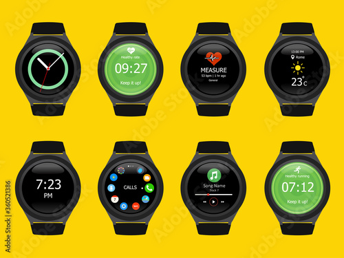 Smart watches wearable collection computer new technology. Vector Illustration. Yellow background.
