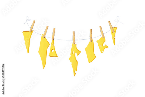 Bright colorful sliced ​​pieces of cheese hanging on a rope. Clip art set on white background