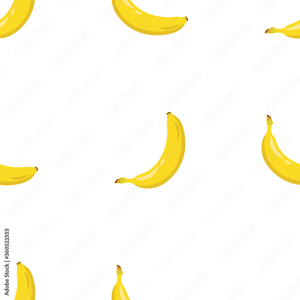 Yellow banana seamless pattern. Sweet tropical fruit. White background. Vector illustration.