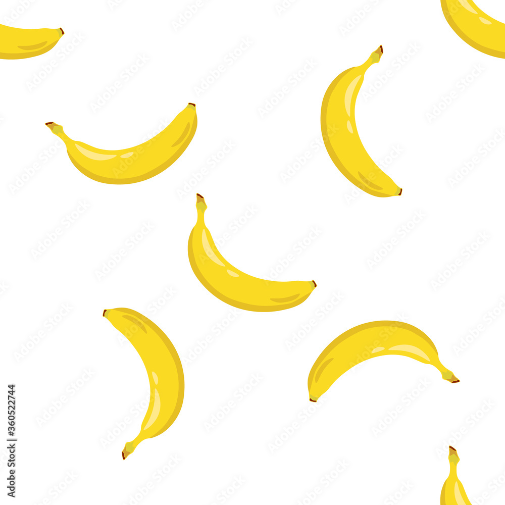 Yellow banana seamless pattern. Sweet tropical fruit. White background. Vector illustration.