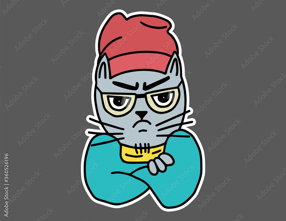 Angry Cat hipster. Cat with glasses, clothes, hat, scarf, and sweater. Flat style sticker for t-shirt, sweatshirt, banner, poster, postcard.