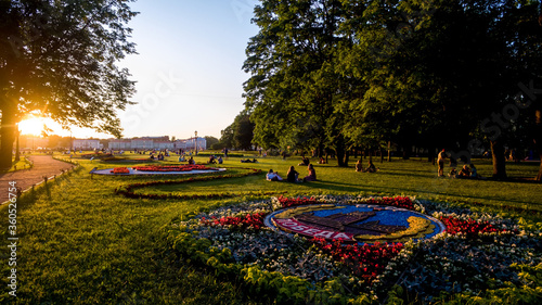 Park at sunset at St. Isaac's Cathedral and Bronze Horseman. Unique urban landscape center Saint Petersburg. Central historical sights city. Top tourist places in Russia. Capital Russian Empire