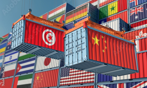Freight containers with Tunisia and China flag. 3D Rendering 