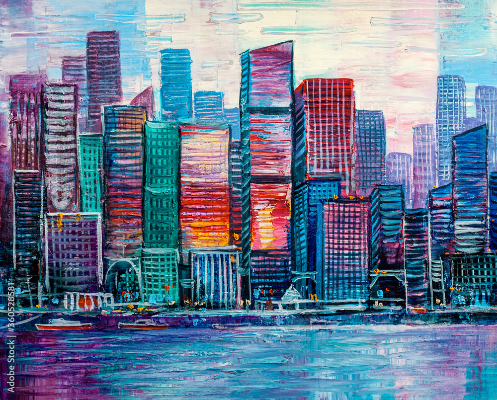 Fototapeta Abstract painting of urban skyscrapers.