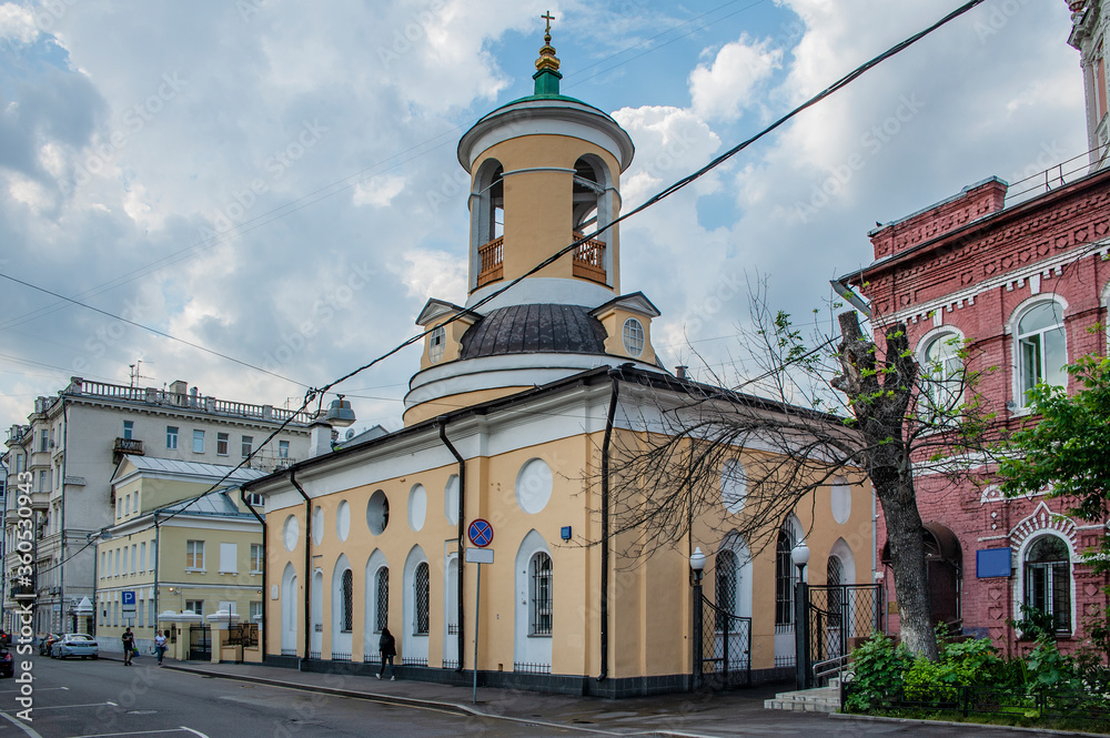 Naklejka premium Alexander Menshikov, a Comrade in arms of Emperor Peter I, built an amazing Church in the Moscow Baroque style. This style combines Russian traditions with Western European details. 