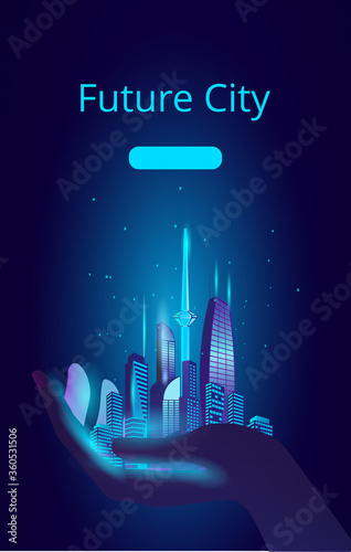 Fantastic city in the style of cyberpunk. Vector illustration in retro style in neon colors. Night city of the future. Banner templat. A modern city in the palm of your hand.