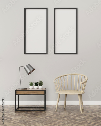 Comfort space in hotel. Lobby room interior.Empty room with two white board and chair. -3d rendering
