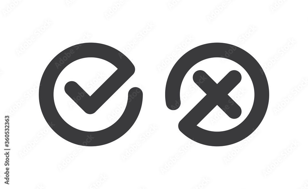 Check mark icons. Green tick symbol and red x sign in circle. Icons for evaluation quiz. Vector. Check mark icons. Green tick symbol and red x sign in circle. Icons for evaluation quiz. Vector.