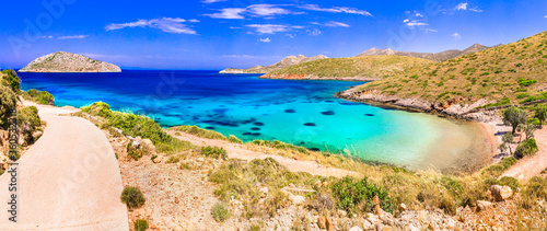 Greece summer holidays. best beaches of Leros island - tranquil picturesque Agia Kioura. Dodecanese