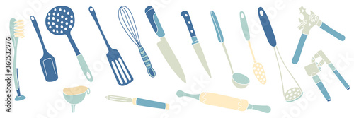 Vector set with cooking tools. Rolling pin, spatula, whisk, can-opener, garlic press, ladle, piller, slotted spoon, funnel, knives. Illustration isolated on white background. photo