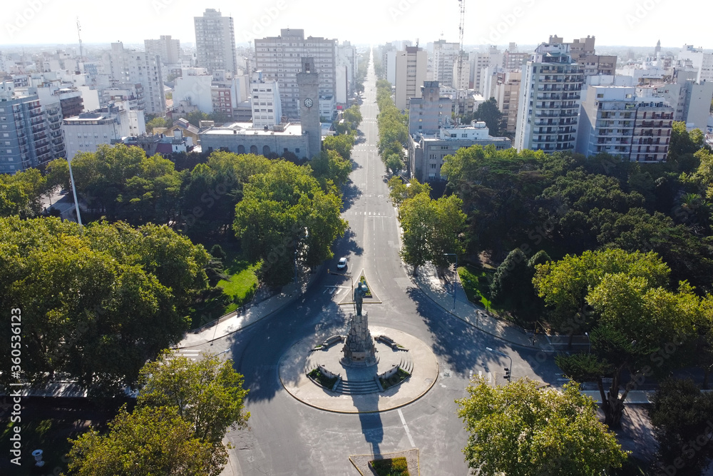 Aerial view from drone of Pedro Luro avenue road and San Martin monument in centre of Mar del Plata. Empty road without traffic during quarantine in March 2020, Argentina