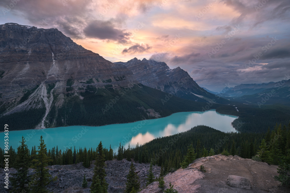 sunset over Peyto lake in the Canadian Rockies