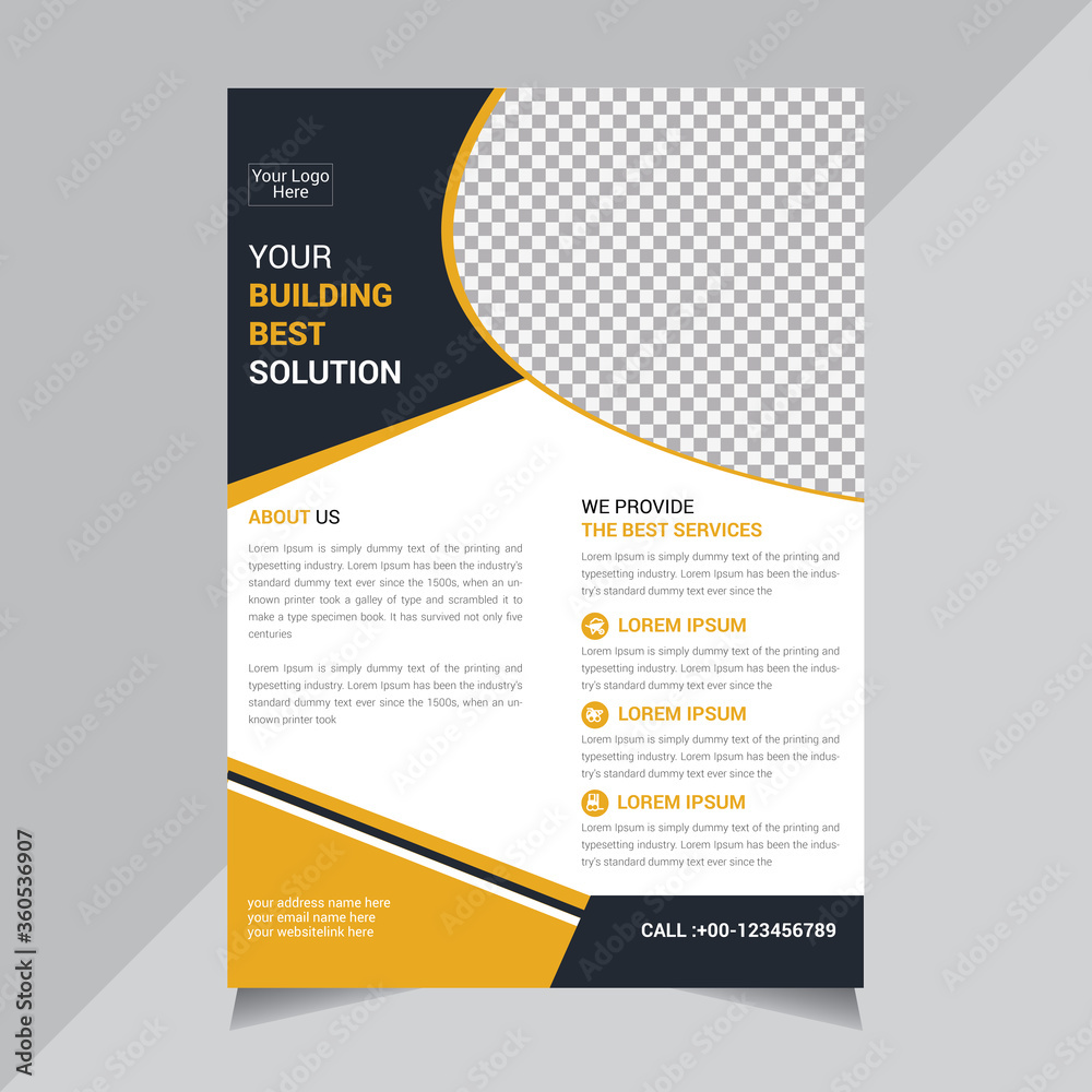 Yellow Construction  Flyer design. Corporate business report cover, brochure or shape flyer design. Leaflet presentation.  background. Modern poster magazine, layout, template. A4
