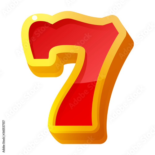Lucky seven red sign, icon. Gambling casino, slot machine element. Winning 7 number, digit, numeral. Jackpot.