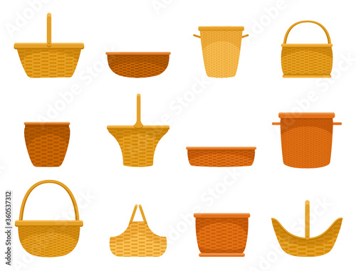 Wicker basket assortment flat set. Containers woven by hand for harvesting, storage, transportation.