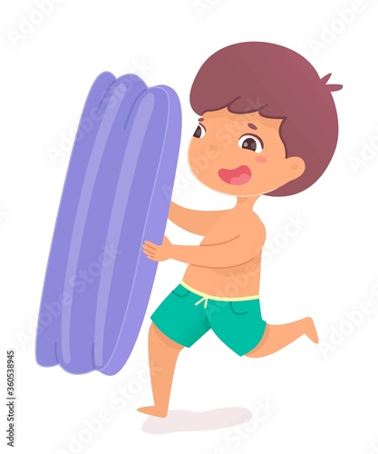 Boy with inflatable mattress isolated on white