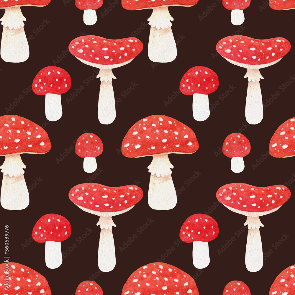 Watercolor seamless autumn pattern with amanita mushrooms, funghi. High quality illustration. Dark background Watercolor seamless autumn pattern with amanita mushrooms, funghi. High quality illustration. Dark background