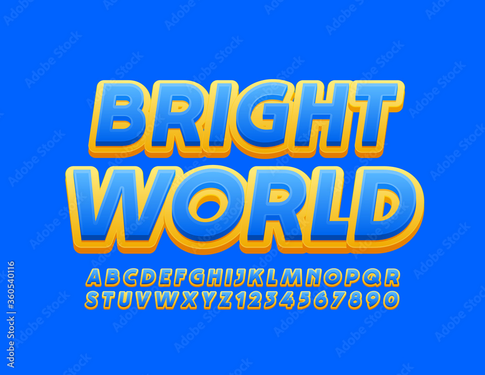 Vector stylish logo Bright World with Blue and Yellow Font. Trendy Alphabet Letters and Numbers