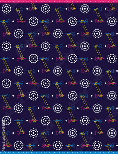 Seamless flat neon pattern. A linear hand holds a dart and aims at the target. Concept for print or web use. On a dark blue background. (ID: 360541363)