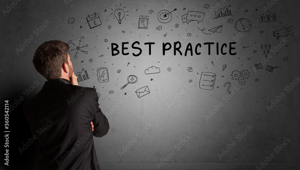 businessman drawing a creative idea sketch with BEST PRACTICE inscription, business strategy concept businessman drawing a creative idea sketch with BEST PRACTICE inscription, business strategy concept