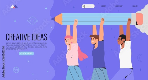 Group or team of creative likeminded business people or designers hold big pencil. Creative banner, advertisement, web page, poster for web design studio or digital painting or educational courses.