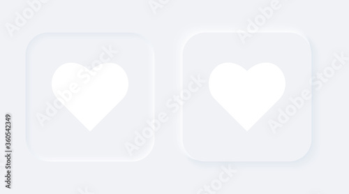 Bright white gradient square buttons with heart shapes. Internet symbol like on a background. Neumorphic effect icon. Shaped love figure in trendy soft 3D style
