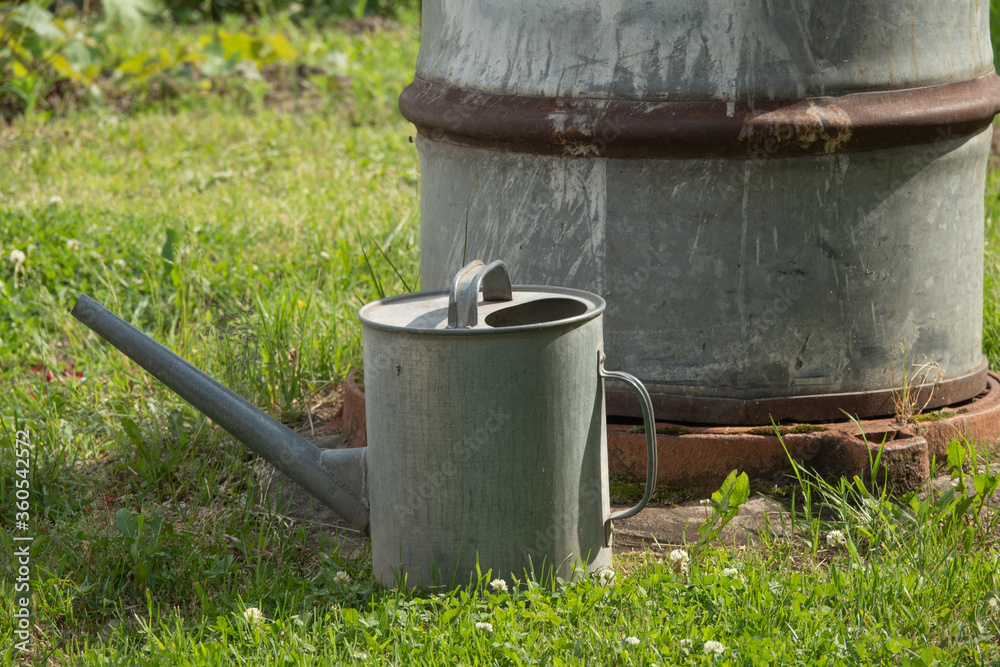 Rain barrel in a rain storm in garden Rain barrel in a rain storm in garden