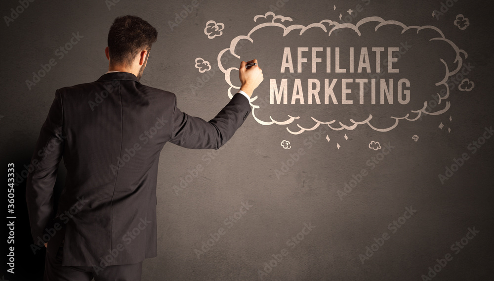 businessman drawing a cloud with AFFILIATE MARKETING inscription inside, modern business concept businessman drawing a cloud with AFFILIATE MARKETING inscription inside, modern business concept