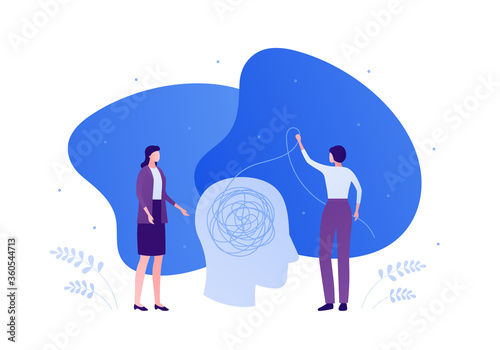Psychology, psychotherapy and psychiatry counseling concept. Vectop flat person illustration. Human head with tangled thread. Woman doctor and female patient. Design element for banner, infographic.