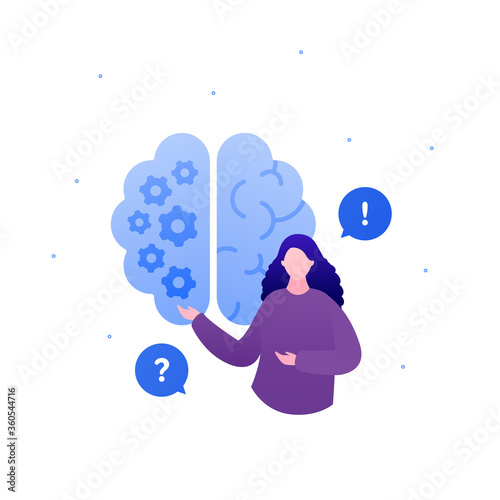 Psychology, psychotherapy and psychiatry counseling concept. Vectop flat person illustration. Human brain sign. Woman psychologist with question and answer in talk bubble sign. Design for banner, web.