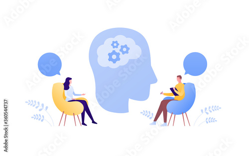 Psychology, psychotherapy and psychiatry counseling concept. Vectop flat person illustration. Human head with brain. Man psychologist and female patient. Speech bubble sign. Design element.