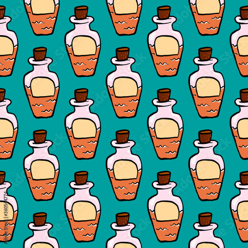 Elixir bottle pattern, seamless pattern on blue background.