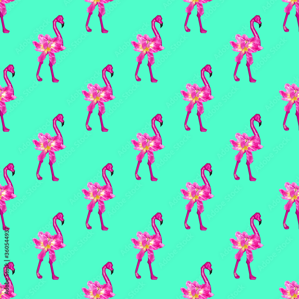 Seamless pattern of pink flamingos on a turquoise background. The concept of love, summer, animals.