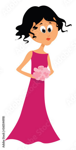 Bridesmaid in pink dress, illustration, vector on white background