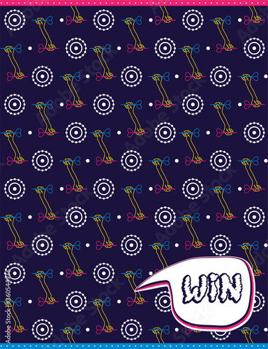Seamless flat neon pattern. A linear hand holds a dart and aims at the target. Concept for print or web use. On a dark blue background. Bubble with lettering. (ID: 360544936)