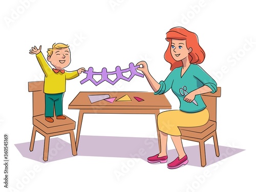 Child and babysitter making paper garland on white