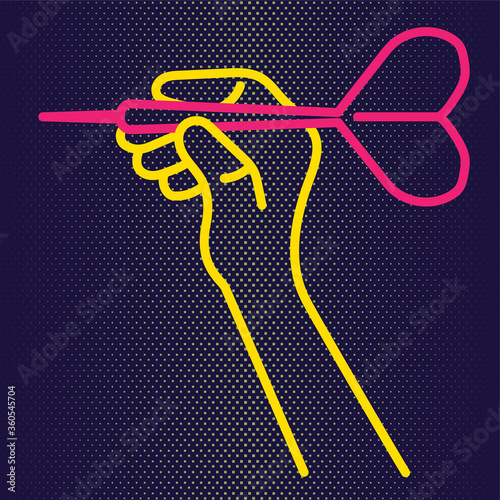 A linear hand holds a dart and aims at the target. Concept for print or web use. On a dark blue background. (ID: 360545704)