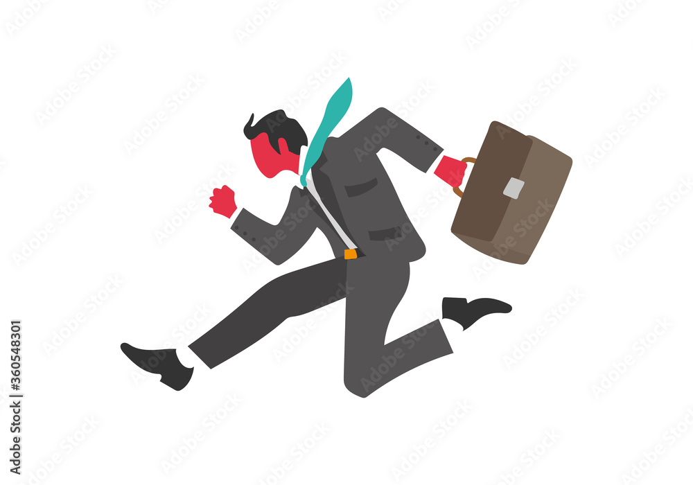 Businessman running in a hurry. Dressed in formal office suit, tie and briefcase . Flat style vector image. Businessman running in a hurry. Dressed in formal office suit, tie and briefcase . Flat style vector image.