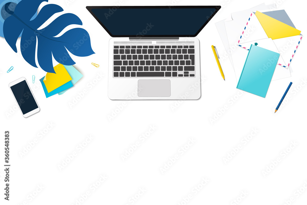 Work place vector mock up set. Flat lay top view on realistic mobile phone, laptop, notepad, stickers, envelope, monstera leaf. Home office stationery for freelance, studying concept. Work place vector mock up set. Flat lay top view on realistic mobile phone, laptop, notepad, stickers, envelope, monstera leaf. Home office stationery for freelance, studying concept.
