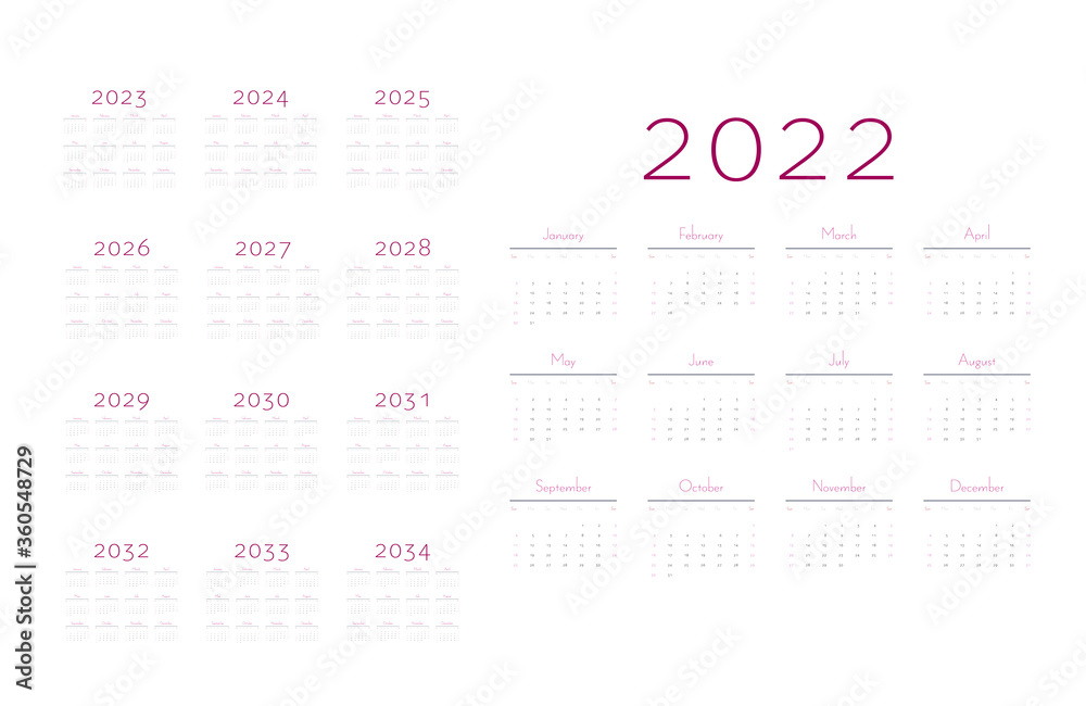 English calendar for years 2022-2034, week starts on Sunday English calendar for years 2022-2034, week starts on Sunday