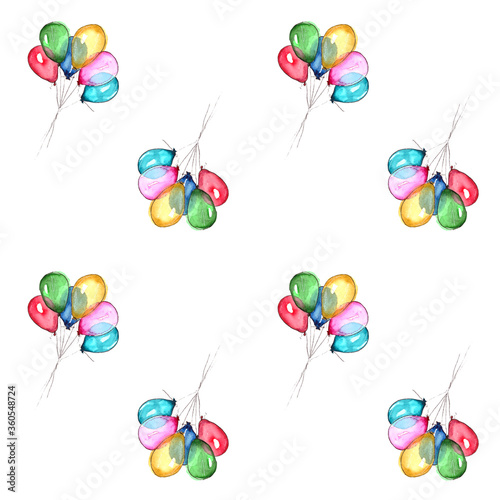 watercolor illustration. The seamless pattern with balloons of different colors is perfect for a child. on white background. isolated