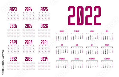 English calendar for years 2022-2034, week starts on Sunday