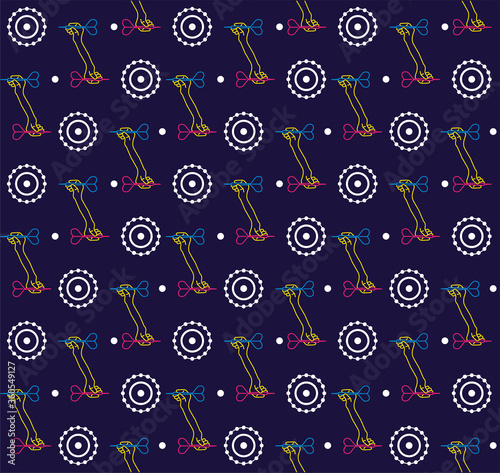 Seamless flat neon pattern. A linear hand holds a dart and aims at the target. Concept for print or web use. On a dark blue background. (ID: 360549127)