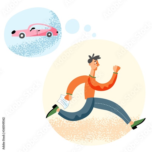 Vector young man running dreaming about car buy