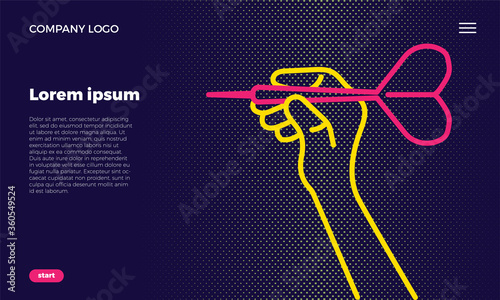 Website Page Concept. A linear hand holds a dart and aims at the target. Concept for web use. On a dark blue background. with place for text