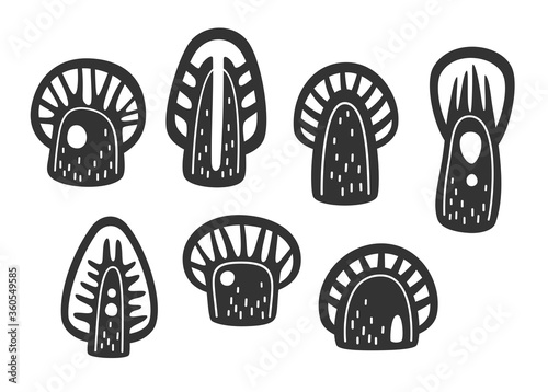 Cute cartoon trees silhouette vector. Isolated pretty black forest plants icon set for stamp seal or papercut template and stencil, stock illustration.