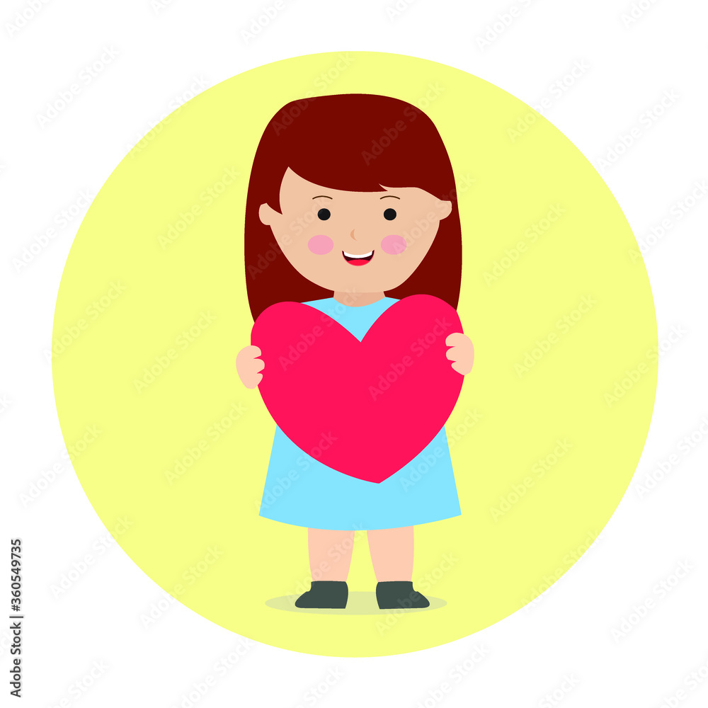 Little Girl Holding Heart Love Cushion Cartoon Illustration Vector Graphic
