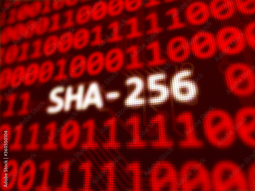SHA-256, Secure Hash Algorithm 2 encryption standard on computer red screen with random binary code 3D rendered with focus depth of field