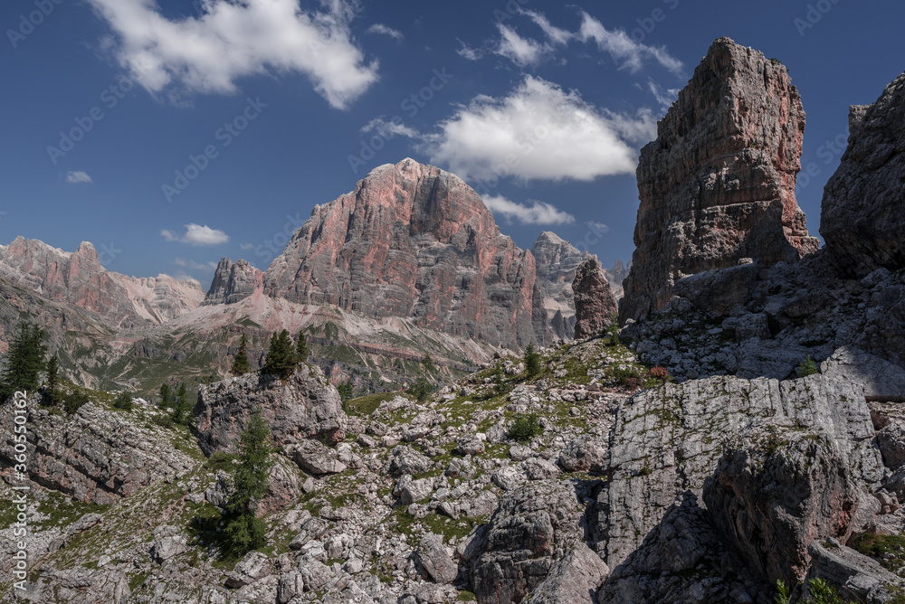 View of Tofana di Rozes mountain and Cinque Torri rock formations in Nuvolau mountai group, Cortina d'Ampezzo, Dolomites, South Tirol, Italy. View of Tofana di Rozes mountain and Cinque Torri rock formations in Nuvolau mountai group, Cortina d'Ampezzo, Dolomites, South Tirol, Italy.