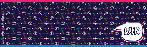 Seamless flat neon horizontal pattern. A linear hand holds a dart and aims at the target. Concept for print or web use. On a dark blue background. Bubble with lettering. (ID: 360550376)